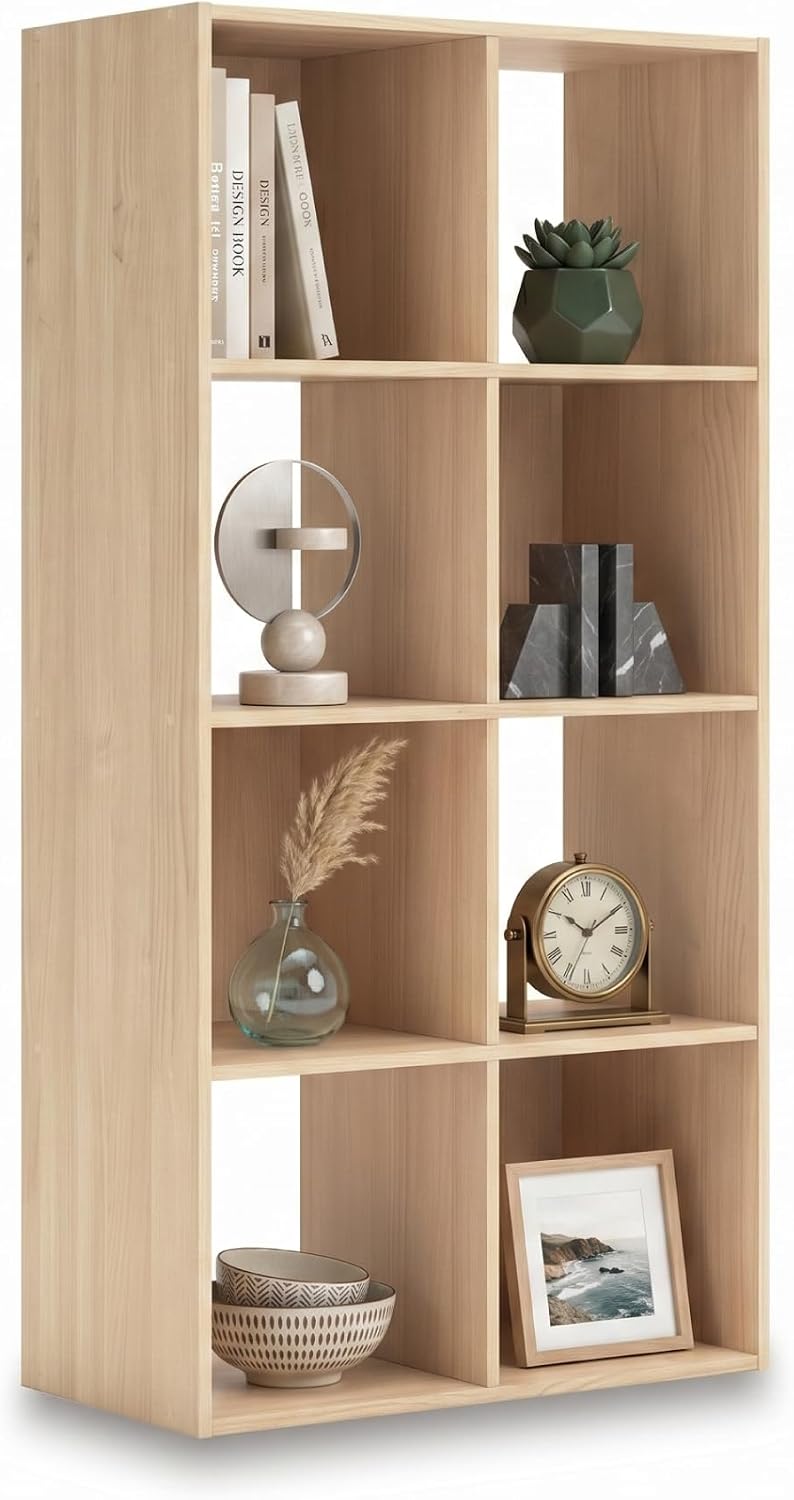Signature Design by Ashley Piperton 8 Cube Storage Organizer, Natural Finish Over Replicated Ash Wood Grain, Vertical Floor Mount Cubbies for Living Room or Home Office, Light Brown
