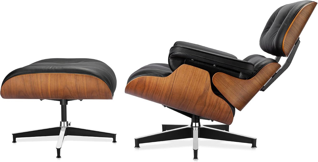 Luxury Top Black Grain Leather Mid Century Chaise Lounge Chair with Ottoman, Premium Handcrafted Walnut Wood, Ergonomic Modern Accent Chair for Living Room Office