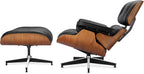 Luxury Top Black Grain Leather Mid Century Chaise Lounge Chair with Ottoman, Premium Handcrafted Walnut Wood, Ergonomic Modern Accent Chair for Living Room Office