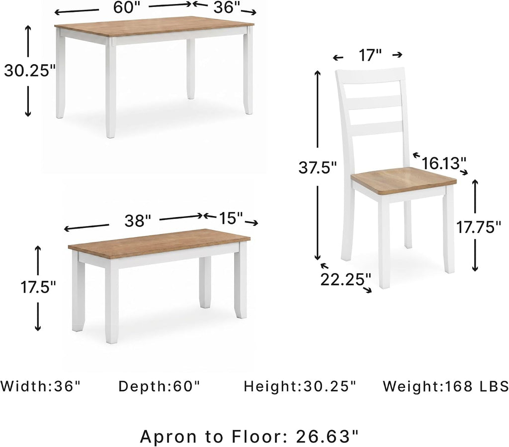 Signature Design by Ashley Gesthaven Casual Modern Dining Room Table Set with 4 Chairs and Bench, Set of 6, Mango Wood, 30.25" Table Height, White & Light Brown