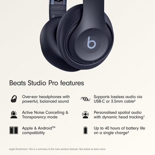 سماعات الرأس اللاسلكية الممتازة Beats Studio Pro فوق الأذن - عمر بطارية يصل إلى 40 ساعة، إلغاء الضوضاء النشط، رائعة للسفر والتنقل، صوت USB-C بدون فقدان، متوافقة مع أجهزة Apple و Android - كحلي
