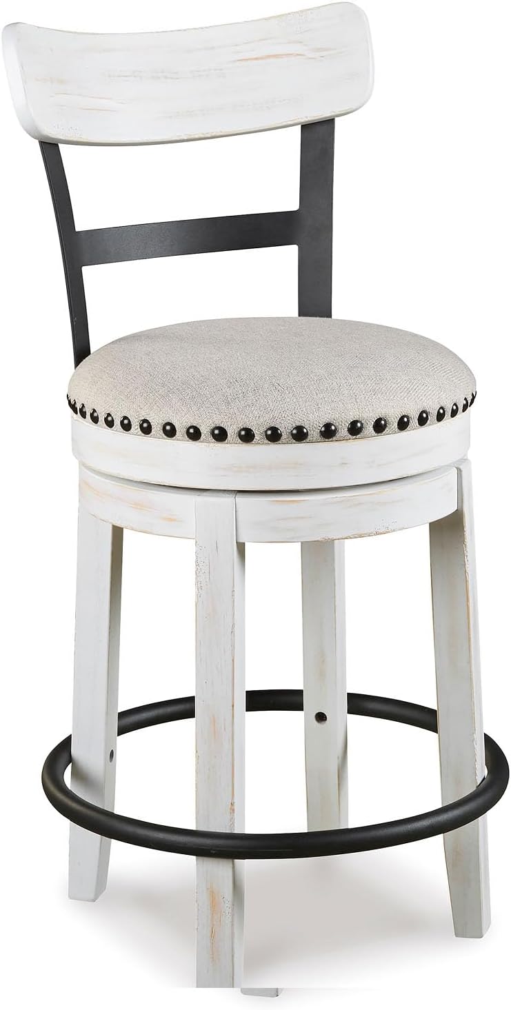 Signature Design by Ashley Valebeck Barstool, Rustic-Industrial Counter Height Chair, 360° Swivel, Wood & Metal Frame, Cushioned Seat, Ideal for Kitchen Island with Seating, Vintage White