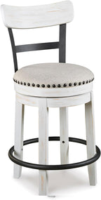 Signature Design by Ashley Valebeck Barstool, Rustic-Industrial Counter Height Chair, 360° Swivel, Wood & Metal Frame, Cushioned Seat, Ideal for Kitchen Island with Seating, Vintage White