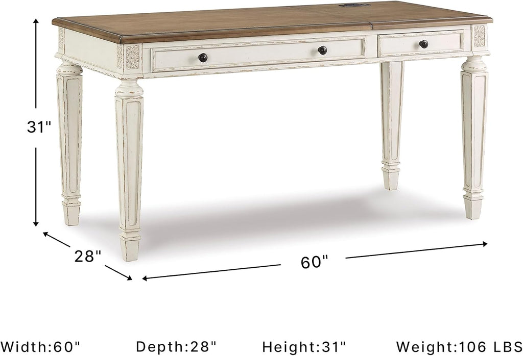 Signature Design by Ashley Realyn Lift Top Desk, Standing Workstation with Built-In USB Outlets, Traditional Cottage Style for Home Offices, 60" W x 28" D x 31" H, White & Light Brown