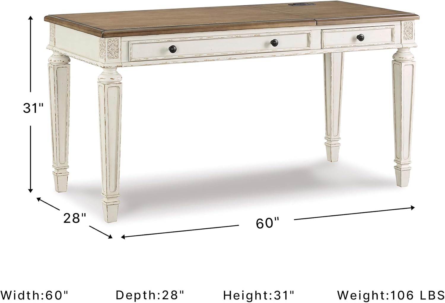 Signature Design by Ashley Realyn Lift Top Desk, Standing Workstation with Built-In USB Outlets, Traditional Cottage Style for Home Offices, 60" W x 28" D x 31" H, White & Light Brown