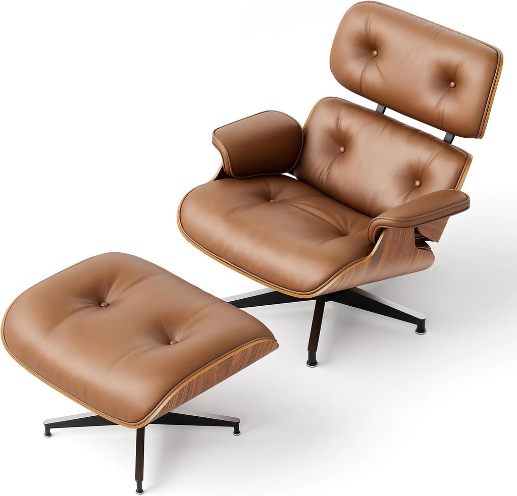 Luxury Top Black Grain Leather Mid Century Chaise Lounge Chair with Ottoman, Premium Handcrafted Walnut Wood, Ergonomic Modern Accent Chair for Living Room Office