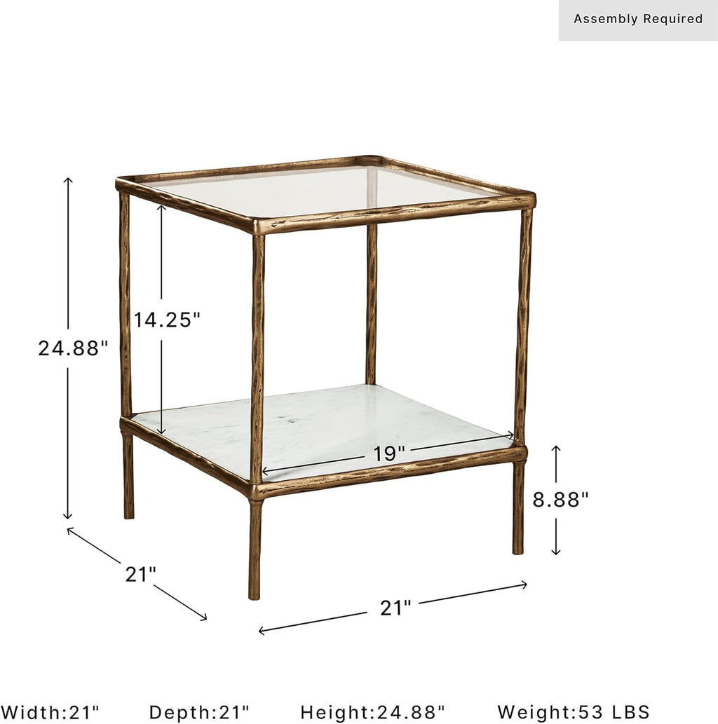 Signature Design by Ashley Ryandale Square Accent Table for Living Room, Sand‑Casted Aluminum Frame With Brass Finish, Glass Top and White Marble Shelf, 21" Size