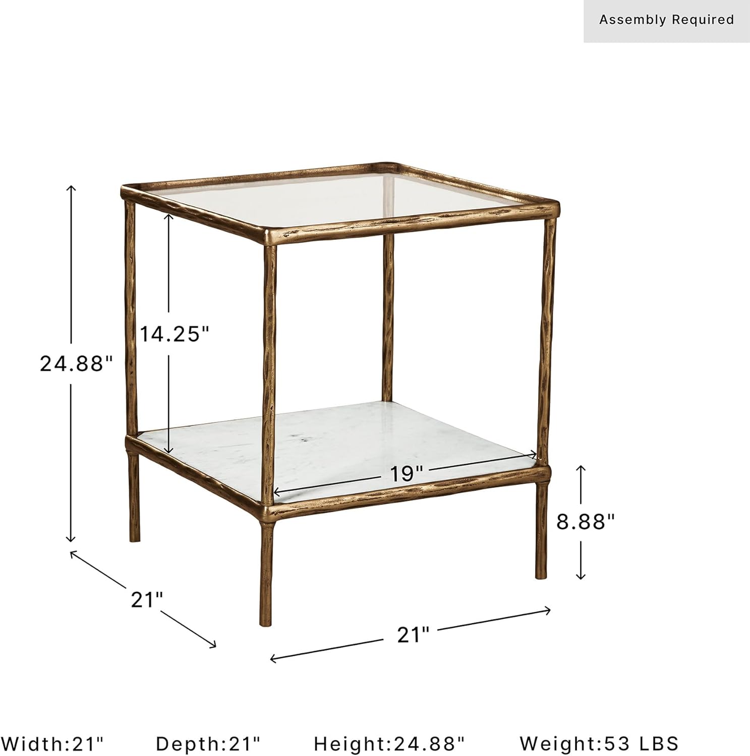 Signature Design by Ashley Ryandale Square Accent Table for Living Room, Sand‑Casted Aluminum Frame With Brass Finish, Glass Top and White Marble Shelf, 21" Size