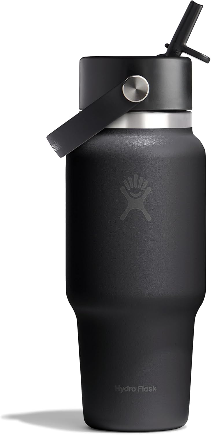 Hydro Flask Travel Water Bottle - Insulated Stainless Steel - Wide Straw Lid, Non Spill, Leakproof in 24 Oz Tonal Black