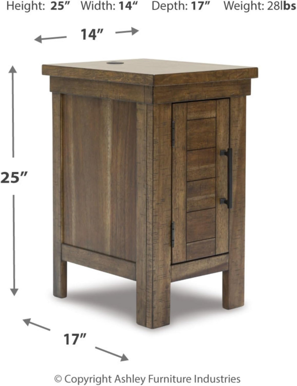 Signature Design by Ashley Moriville Rustic Farmhouse End Table with 1 Cabinet Door and USB Ports, Brown
