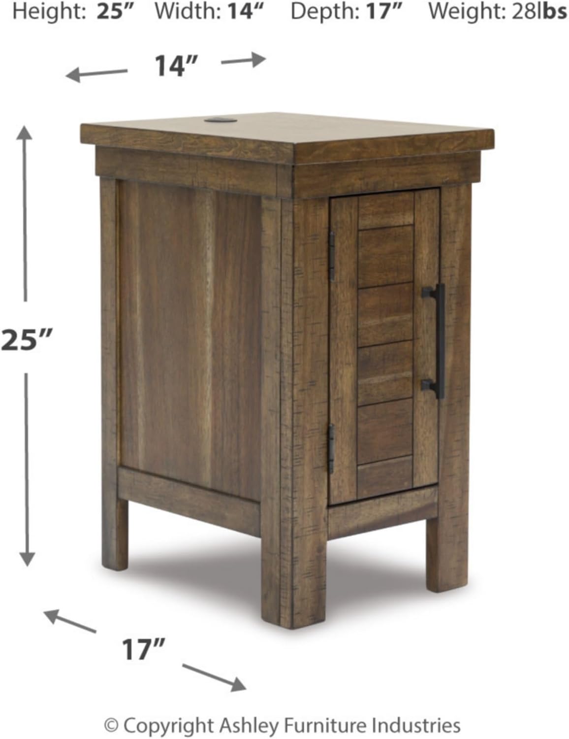 Signature Design by Ashley Moriville Rustic Farmhouse End Table with 1 Cabinet Door and USB Ports, Brown