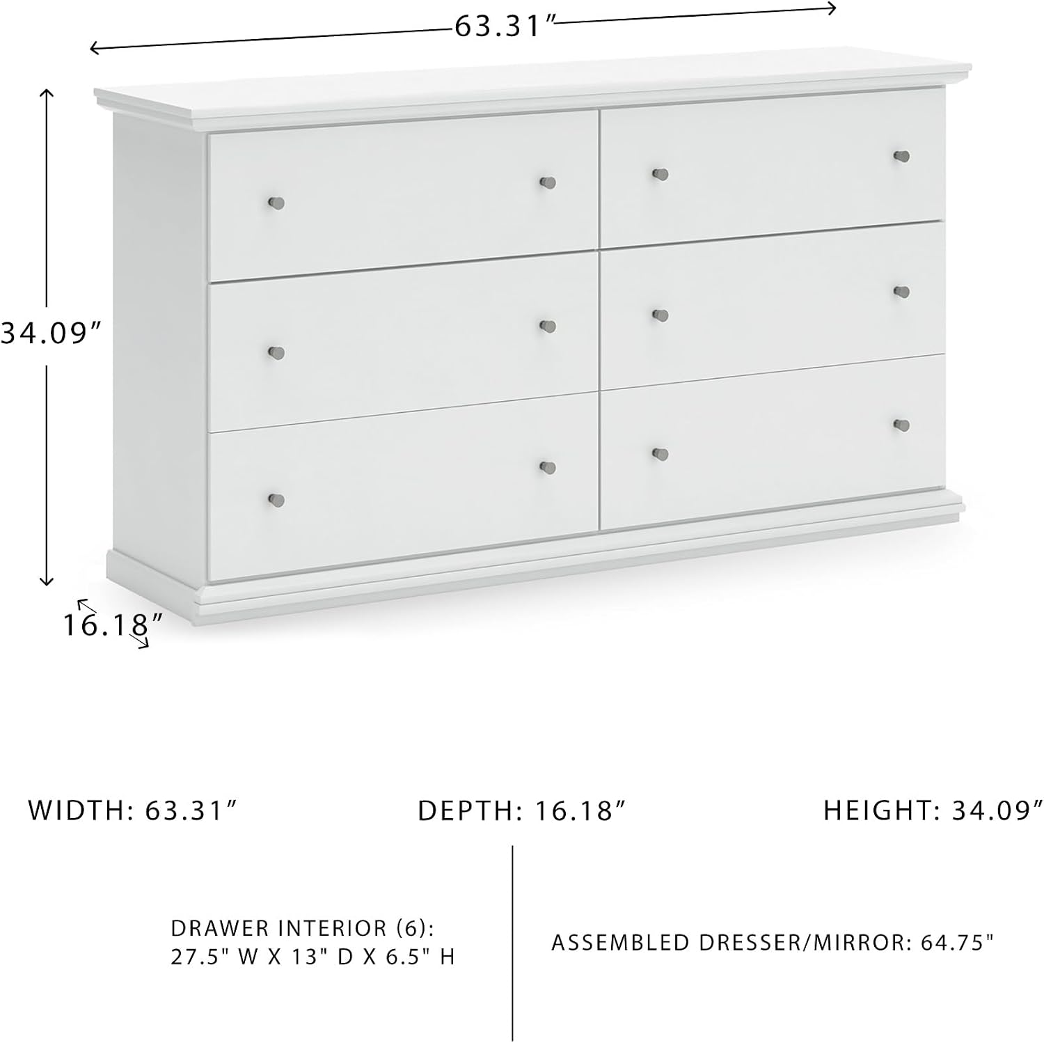 Signature Design by Ashley Bostwick Shoals Children's Traditional 6 Drawer Dresser, White