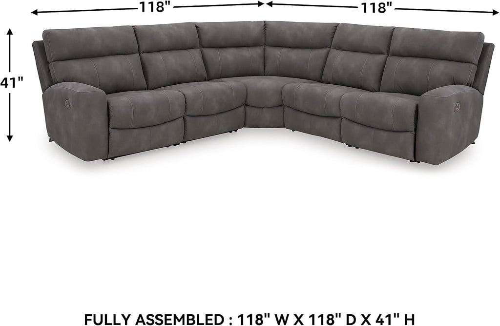 Signature Design by Ashley Contemporary Next-Gen DuraPella L-Shape Symmetrical Faux Leather 5-Piece Power Reclining Sectional with Adjustable Headrest and USB Charging Ports, Gray