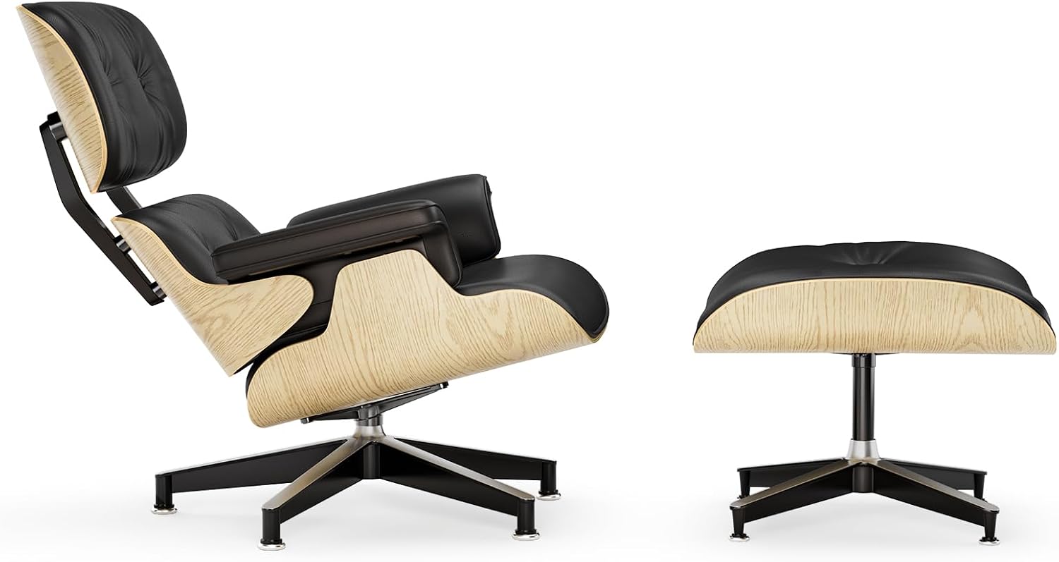 Luxury Top Black Grain Leather Mid Century Chaise Lounge Chair with Ottoman, Premium Handcrafted Walnut Wood, Ergonomic Modern Accent Chair for Living Room Office