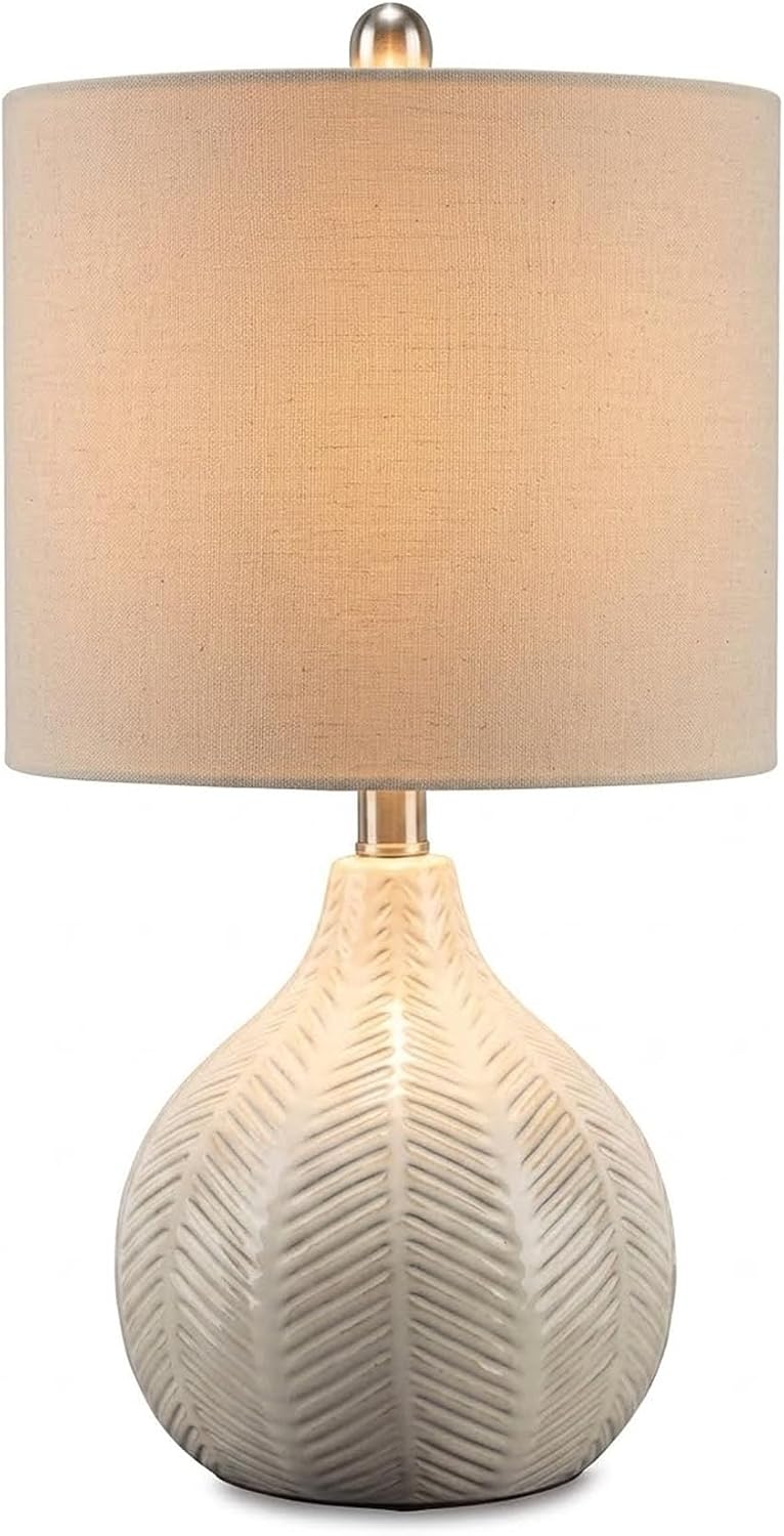 Signature Design by Ashley Rainermen Casual Ceramic Table Lamp, Transparent White Glaze Finish, Drum Hardback Fabric Shade, 11" W x 11" D x 21" H, Off White