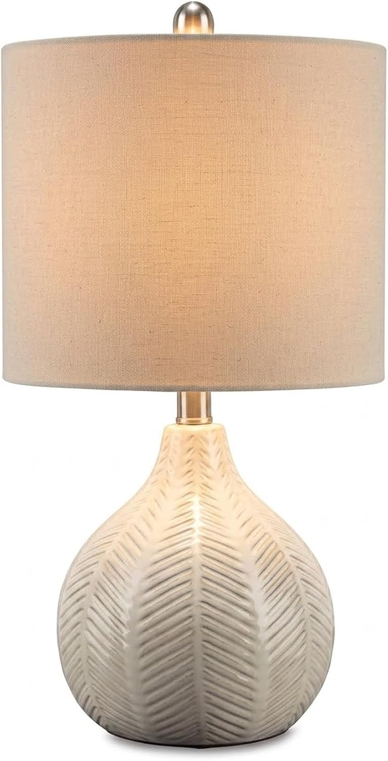 Signature Design by Ashley Rainermen Casual Ceramic Table Lamp, Transparent White Glaze Finish, Drum Hardback Fabric Shade, 11" W x 11" D x 21" H, Off White