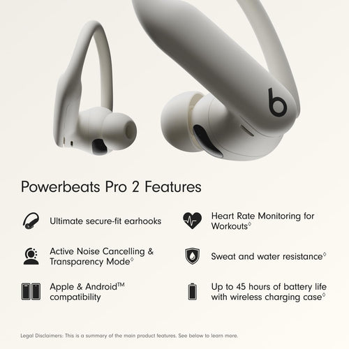 Beats Powerbeats Pro 2 - سماعات أذن للتمارين الرياضية لاسلكية بخاصية إلغاء الضوضاء مع خطافات أذن تثبيت محكمة، عمر بطارية يصل إلى 45 ساعة مع علبة شحن، مقاومة للعرق والماء، مراقبة معدل ضربات القلب - رمل سريع