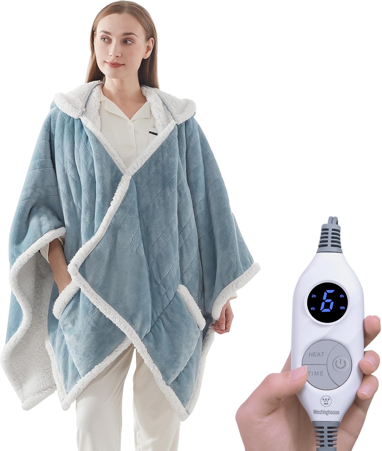 Westinghouse Wearable Heated Throw Blanket, Electric Heated Wrap Poncho Shawl with Pockets, 6 Heating Levels & 2-10 Auto Shut-Off, 50 x 60 Inch, Gift for Family, Friends, Machine Washable, Light Blue