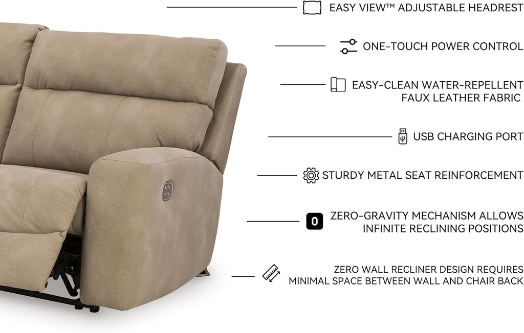 Signature Design by Ashley Next-Gen DuraPella 5-Piece Power Reclining Sectional, Modular L-Shaped Sofa with Zero Gravity Recline and Adjustable Headrest, Water Resistant Faux Leather Couch, Sand
