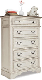 Signature Design by Ashley Realyn French Country 5 Drawer Chest, Tipover Restraint Device, 2-tone Finish, Wood, 40.13" W x 18.13" D x 58.13" H, Chipped White