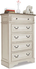 Signature Design by Ashley Realyn French Country 5 Drawer Chest, Tipover Restraint Device, 2-tone Finish, Wood, 40.13" W x 18.13" D x 58.13" H, Chipped White