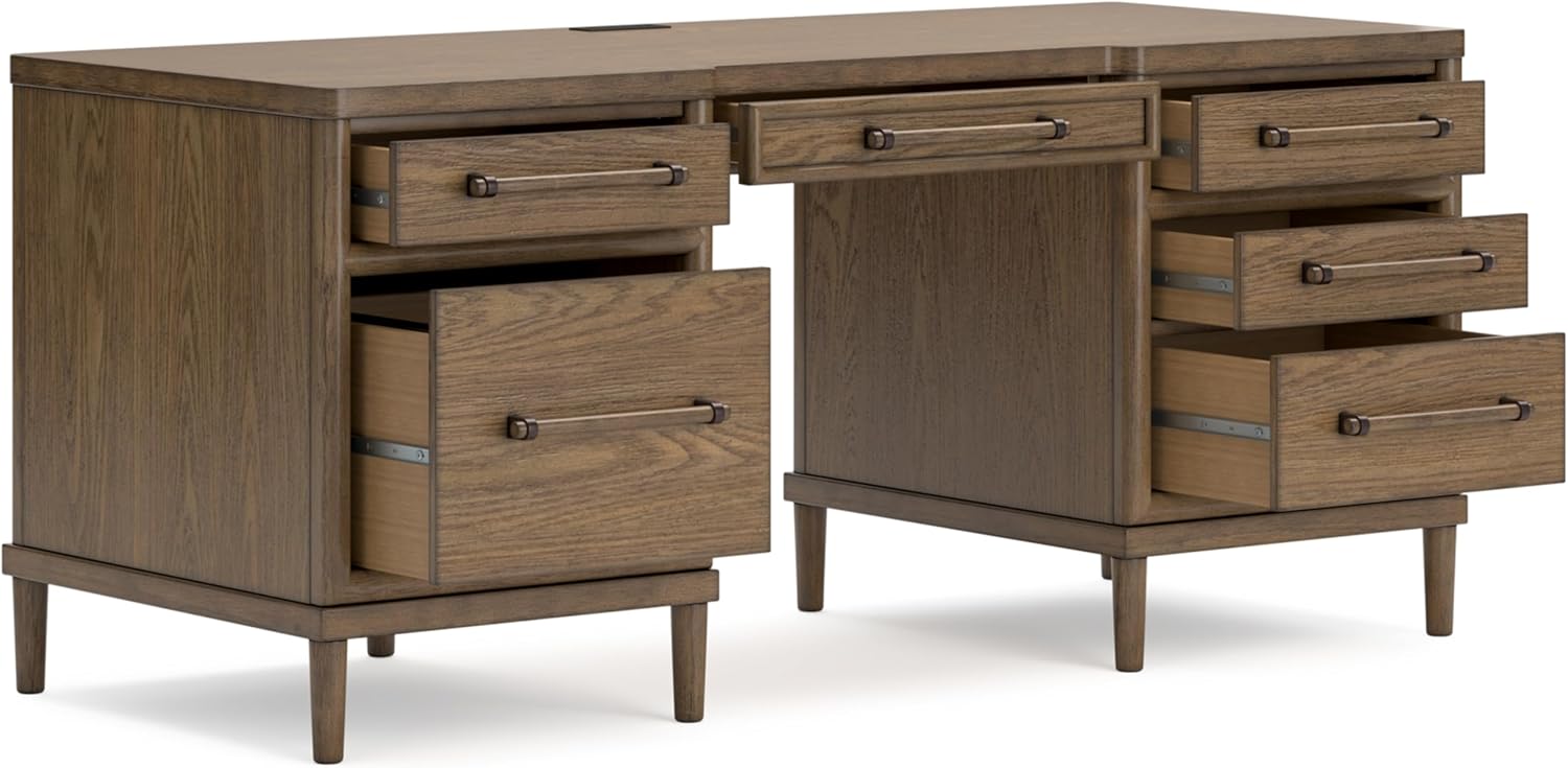 Signature Design by Ashley Roanhowe Contemporary 68" Home Office Desk with 6 Felt-Lined Drawers, USB Charging Ports and Cord Management, Dark Brown