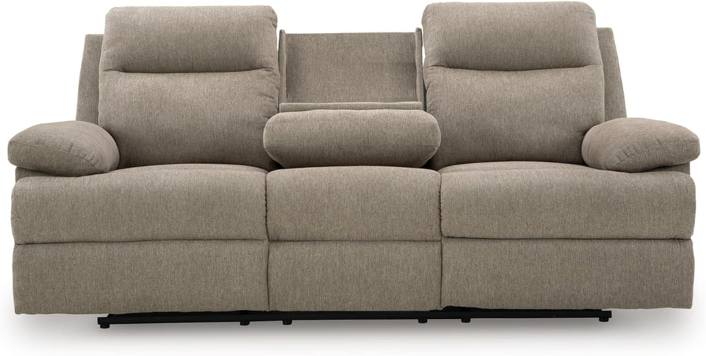Signature Design by Ashley Reclining Sofa with Drop Down Table and USB Charging, Yarrow Lane Yarrow Lane Collection, Manual Pull Tab, Chenille Fabric for Living Room Comfort, Mocha Brown, 86" W