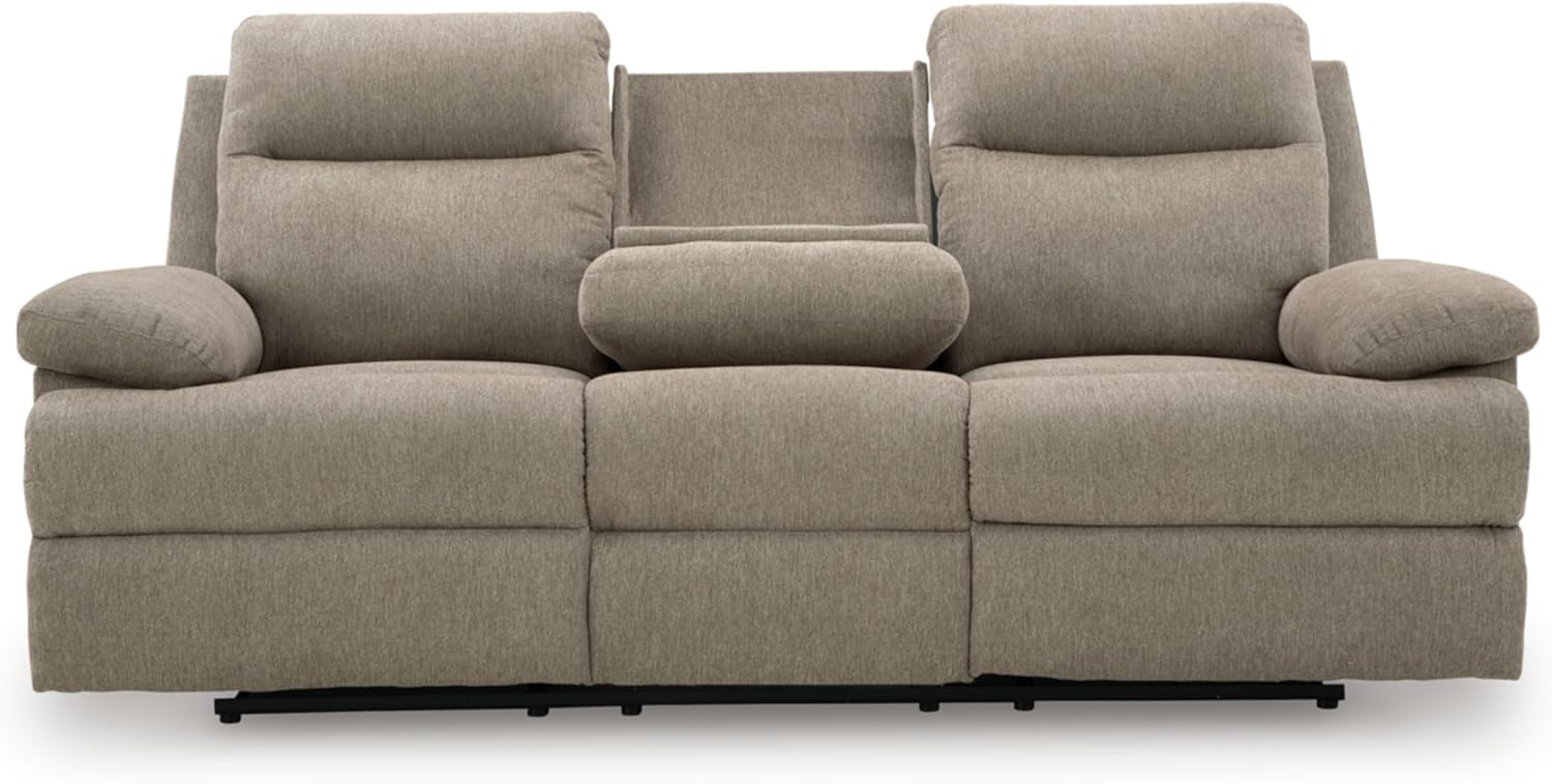 Signature Design by Ashley Reclining Sofa with Drop Down Table and USB Charging, Yarrow Lane Yarrow Lane Collection, Manual Pull Tab, Chenille Fabric for Living Room Comfort, Mocha Brown, 86" W