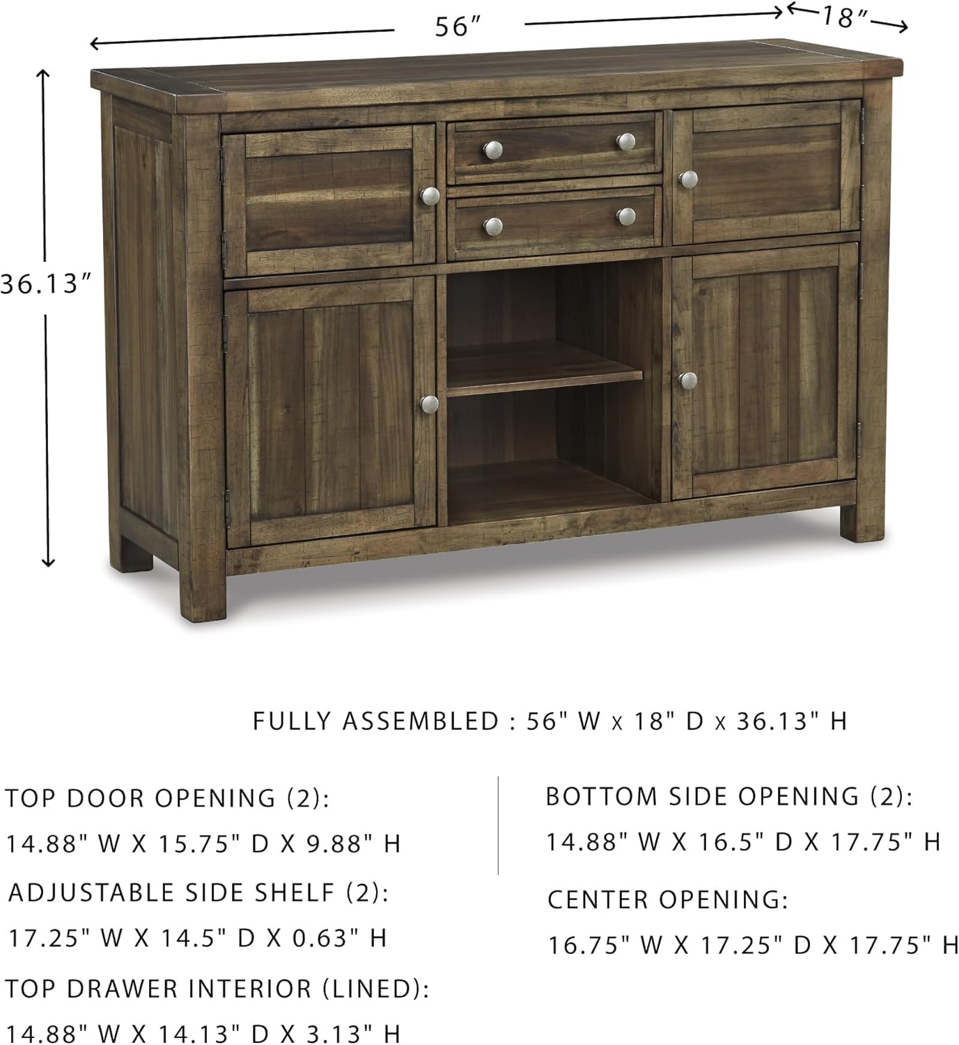 Signature Design by Ashley Moriville Dining Server, Rustic Sideboard Buffet Cabinet, 56" W, Grayish Brown, Storage for Kitchen & Dining Room