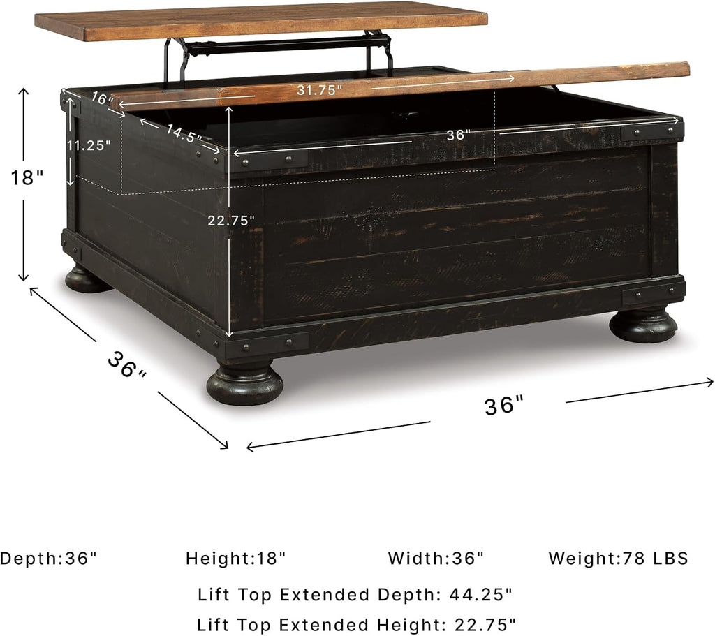 Signature Design by Ashley Valebeck Lift Top Coffee Table, Storage, Split-top Design, Wood, 36" W x 36" D x 18" H, 2-tone Distressed Brown & Black Finish