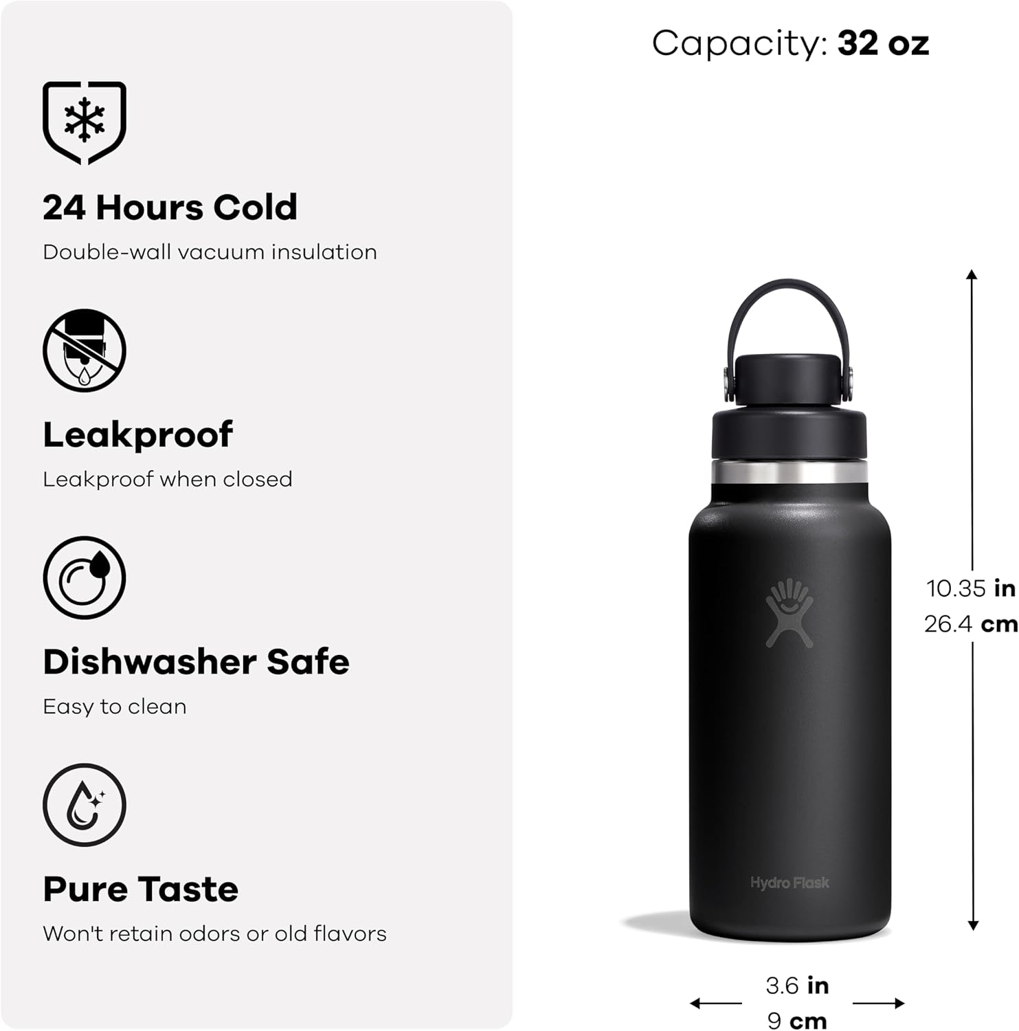 Hydro Flask Water Bottle - Insulated Stainless Steel - Wide Mouth Flex Chug Lid, Non Spill, Leakproof in 32 Oz Tonal White