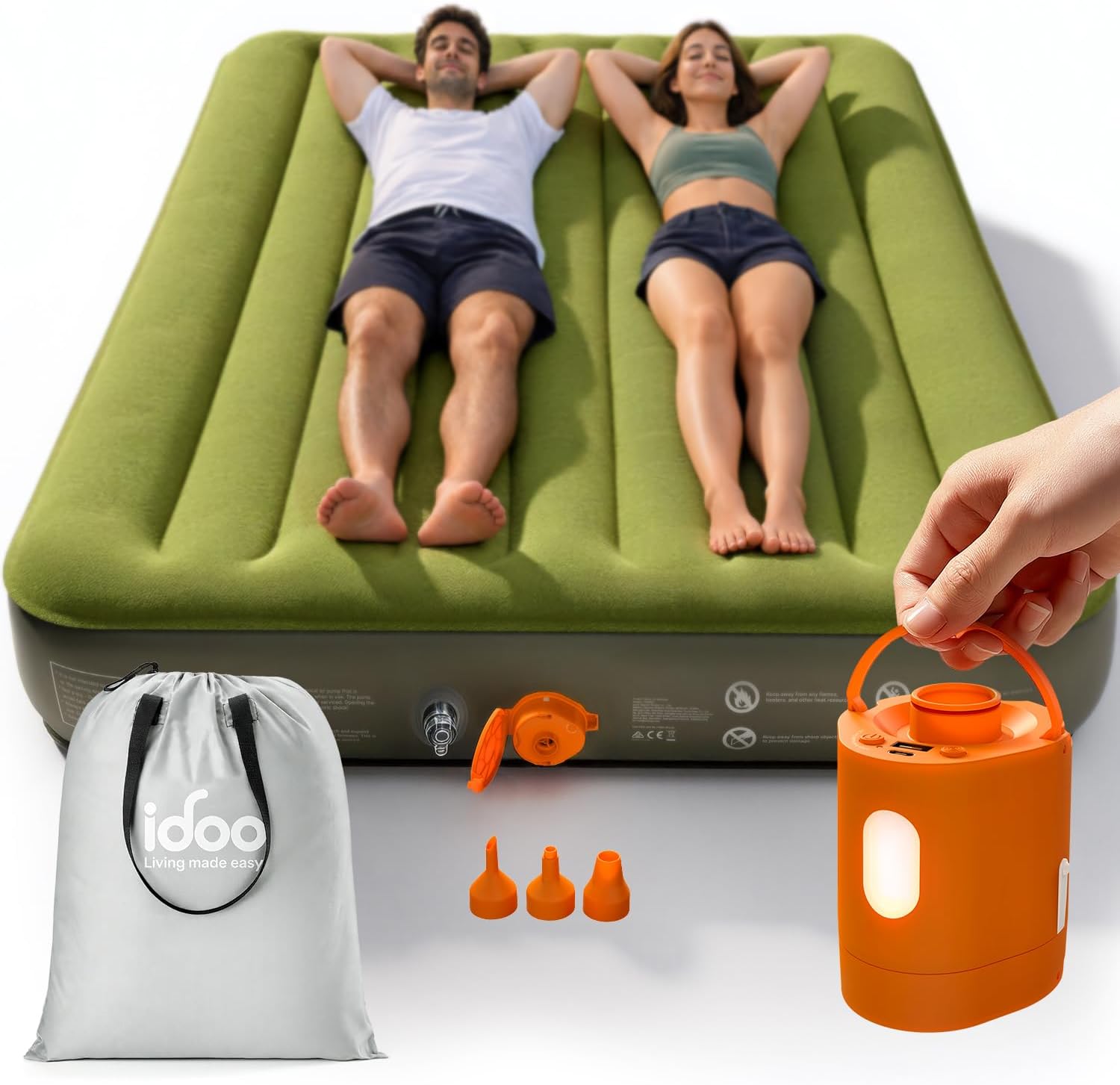 iDOO Portable Camping Essentials Mattress, 10" Queen Air Mattress with Cordless Rechargeable Pump, 2-in-1 Fast Inflation, Built-in LED Light, USB Charging, Retractable Camping Cot Sleeping Pad