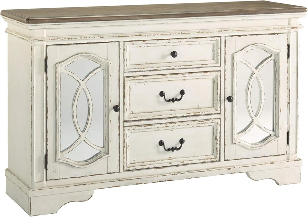 Signature Design by Ashley Realyn French Country Distressed Dining Room Server, 3 Drawers, 2 Cabinet Doors, Wood, 59" W x 17" D x 36.5" H, Chipped White