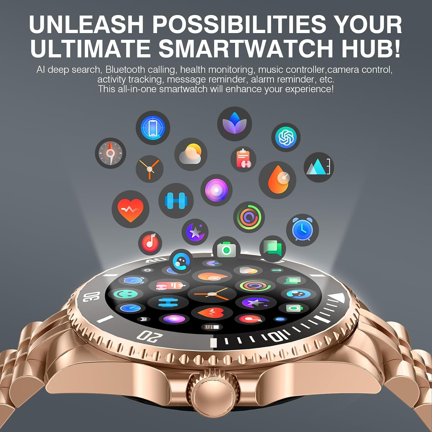 SOUYIE AI Smart Watch for Men, 1.19" AMOLED 44mm, 24/7 Heart Rate Blood Pressure Blood Oxygen Sleep Monitor, 107 Sports Tracker, IP67 Waterproof, Bluetooth Call Voice Assistant, for Android iOS Gold