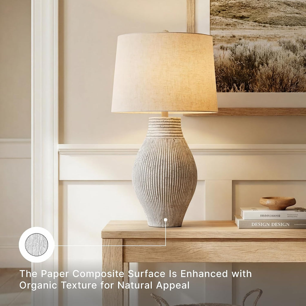 Signature Design by Ashley Layal Modern Table Lamp, Textured Paper Composite Base, Modified Drum Shade, 3-Way Switch Lighting for Living Room or Bedroom, 16 Inch Diameter, Beige