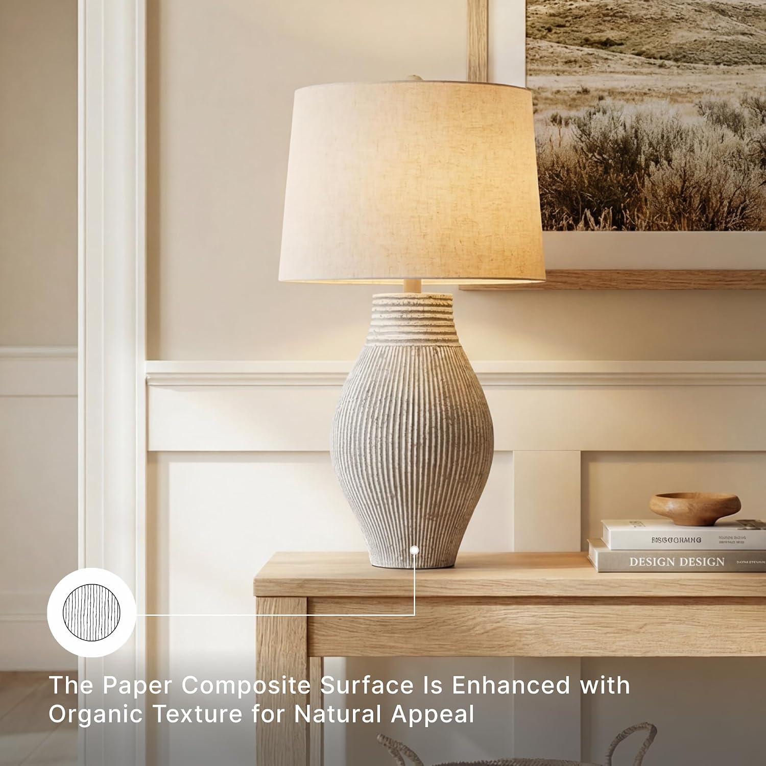Signature Design by Ashley Layal Modern Table Lamp, Textured Paper Composite Base, Modified Drum Shade, 3-Way Switch Lighting for Living Room or Bedroom, 16 Inch Diameter, Beige