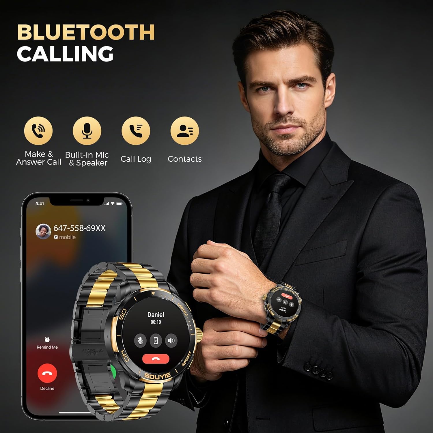 SOUYIE SW-7 Lux Smart Watch for Men, High-Gloss Ceramic Bezel & Two-Tone Steel, 1.43" AMOLED Display, AI GPT Voice Assistant, Bluetooth Calls, Health Monitor, 100+ Sports Modes, Compatible iOS Android