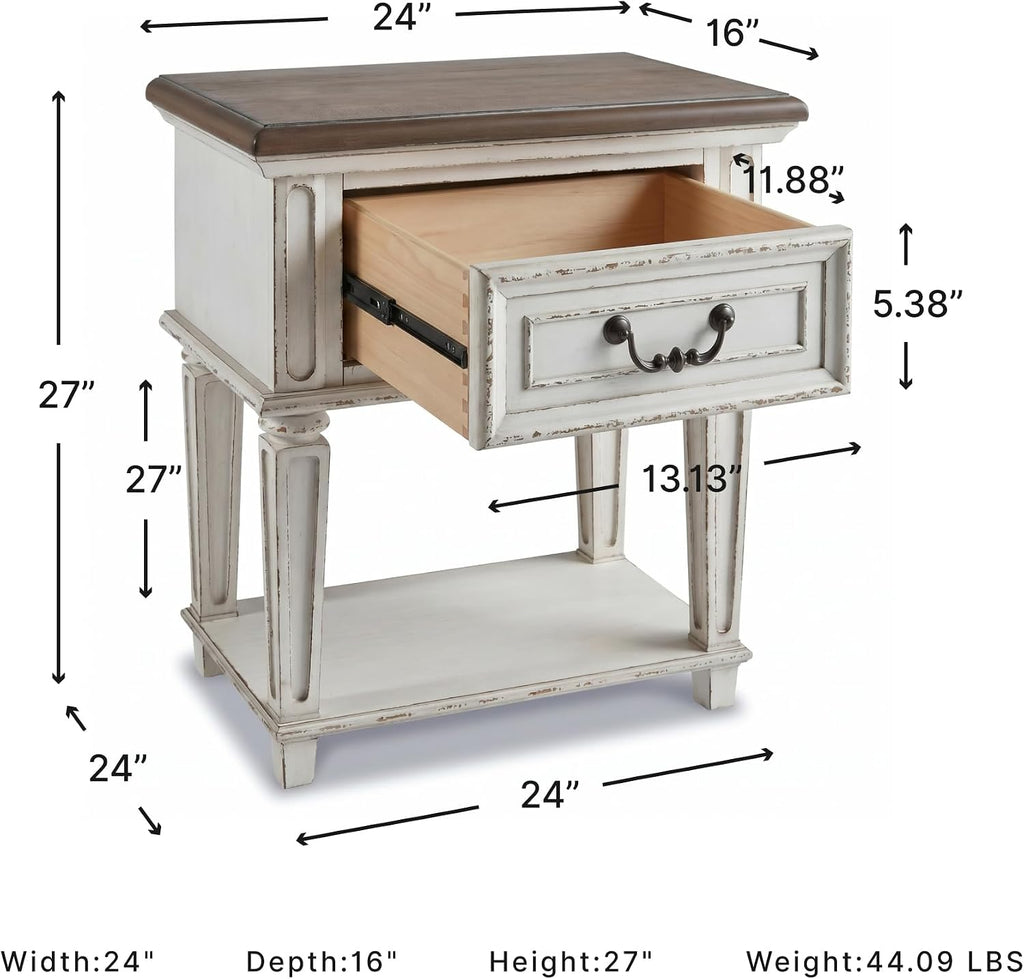 Signature Design by Ashley Realyn Traditional Cottage 1 Drawer Nightstand with Dovetail Construction & Open Display Shelf, Chipped White, 27" Tall, Distressed Brown