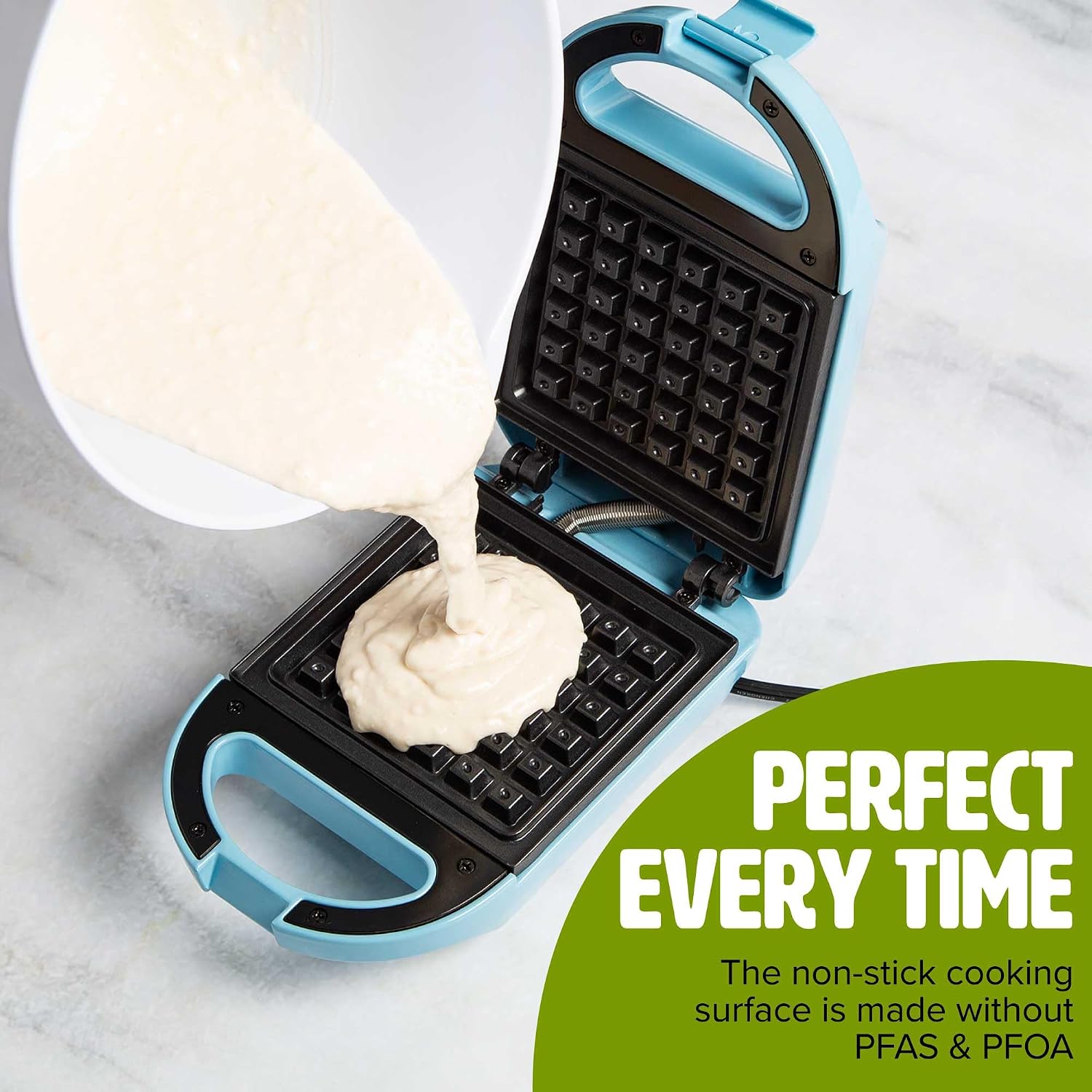 Tasty Mini Nonstick Waffle Maker, Perfect for Individual Waffles, Hash Browns, Brownies and more, Quick Results, Easy Clean Up, 600W, Blue