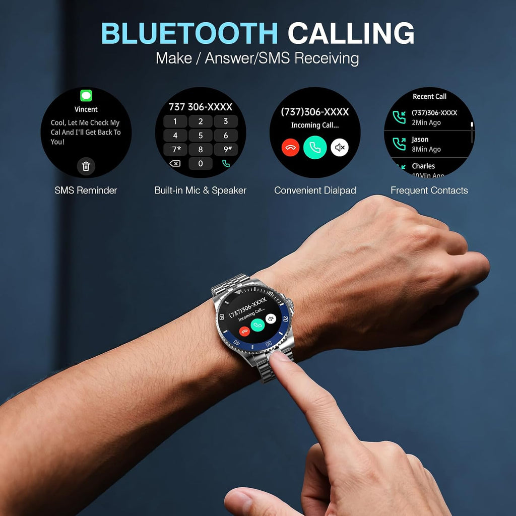 GPT Smart Watch for Men, 24/7 Heart Rate, Blood Pressure, Blood Oxygen, Sleep Monitor, 107 Sports Modes, 1.19-inch AMOLED Display, Waterproof Round Watch, Compatible Android and iOS, 44mm Silver Blue