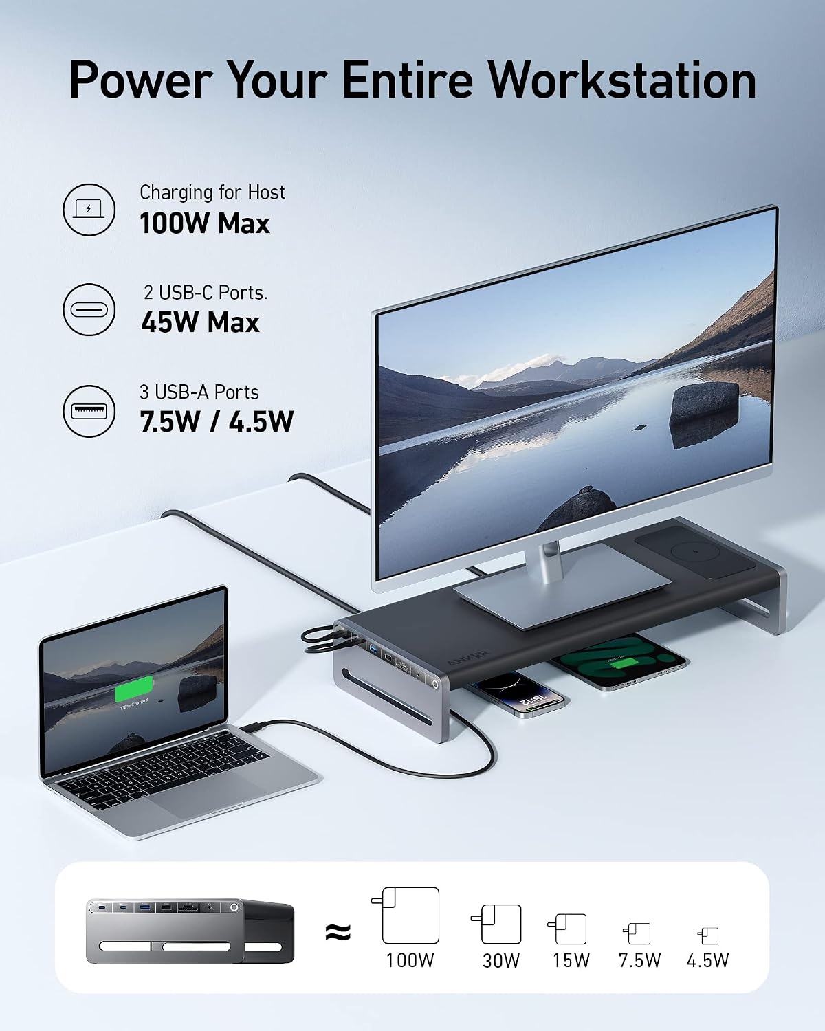 Anker 675 USB-C Docking Station (12-in-1, Monitor Stand, Wireless) | 10Gbps USB-C Ports, 4K@60Hz HDMI Display, Wireless Charging Pad, for Lenovo ThinkPad, MacBook Pro M1 / M2