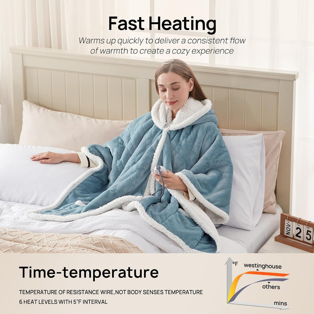 Westinghouse Wearable Heated Throw Blanket, Electric Heated Wrap Poncho Shawl with Pockets, 6 Heating Levels & 2-10 Auto Shut-Off, 50 x 60 Inch, Gift for Family, Friends, Machine Washable, Light Blue