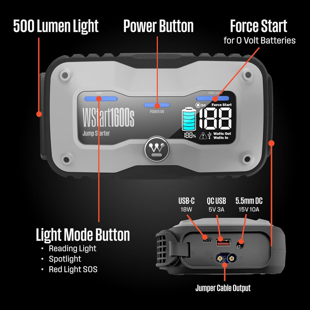 Westinghouse 2000A Portable Jump Starter & USB Power Bank - 12V Car Battery Booster Pack Jump Box for Up to 7.0L Gas & 5.0L Diesel Engines, Bright LED Flashlight, IP65 Rated Waterproof Housing