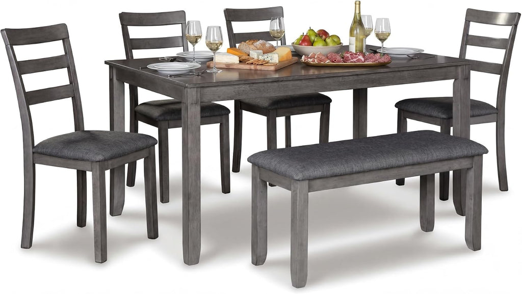 Signature Design by Ashley Bridson Dining Table Set For 6 With Bench, Wood 6‑Piece Kitchen Table And Chairs With Upholstered Seats, Transitional Charcoal Gray Dining Room Collection For Family Meals