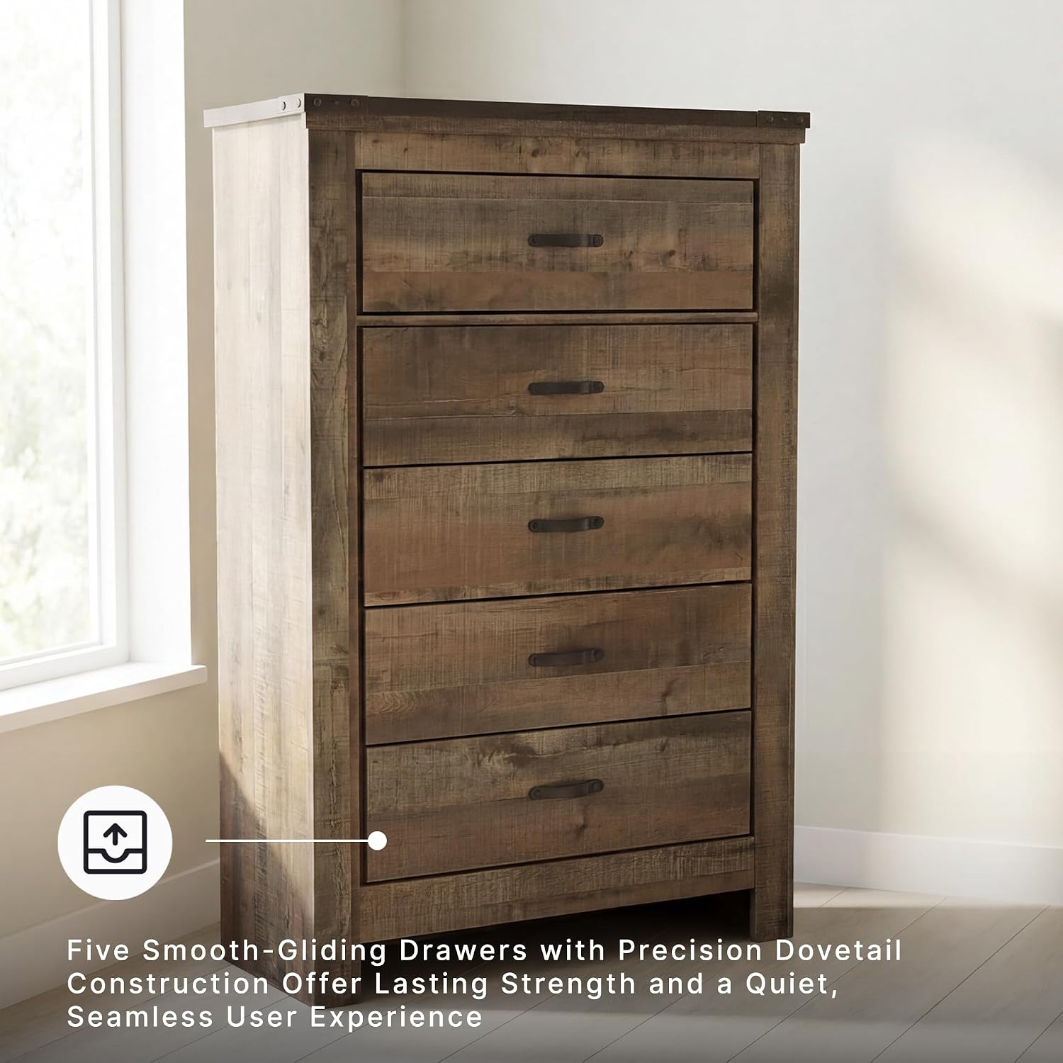 Signature Design by Ashley Trinell Rustic 5 Drawer Chest of Drawers with Nailhead Trim, Warm Brown