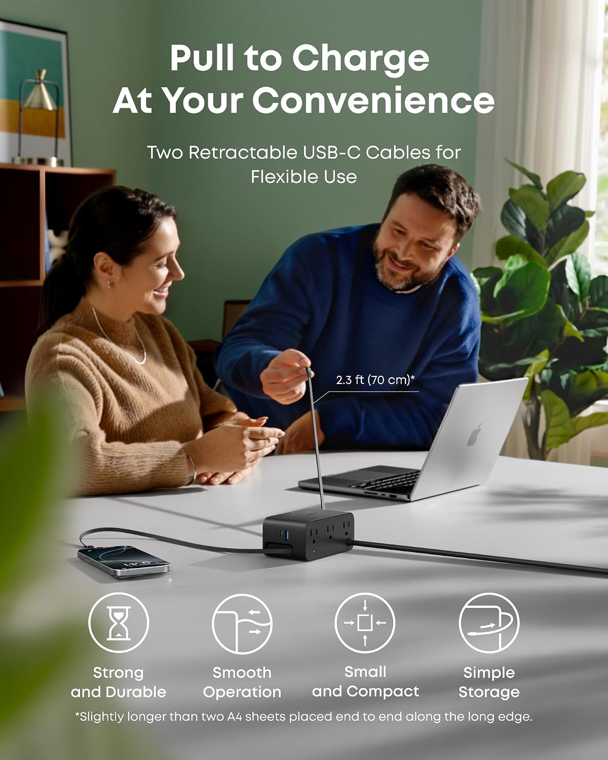 Anker Nano Charging Station, 100W 7-in-1 Power Strip, Retractable Charger | 2.3ft InstaCord Cable, Gaming Desk Accessories for Multiple Devices, 3 AC, 3 USB C, 1 USB A, MacBook Charger, Home Office
