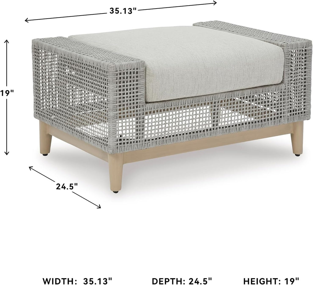Signature Design by Ashley Aluminum Frame Outdoor Ottoman with Cushion, Seton Creek, High-Performance Nuvella Fabric, Seating for Patio Lounge Areas, Light Gray & Light Brown