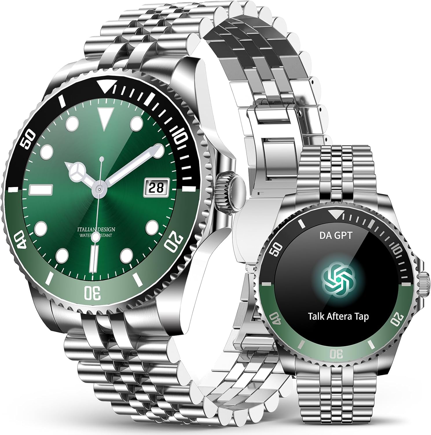 SOUYIE GPT AI Smart Watch for Men, Bluetooth Call Heart Rate Blood Pressure Blood Oxygen Sleep Monitor, 107 Sports Modes 1.19" AMOLED Display Waterproof Fitness Tracker Android iOS, 44mm Silver Green