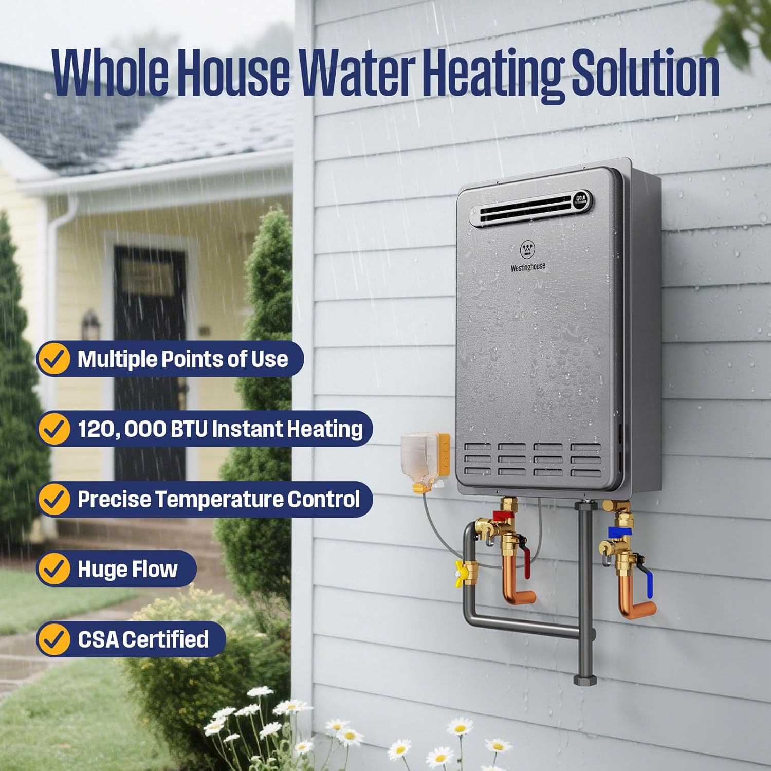 Westinghouse Smart Outdoor Propane Tankless Water Heater, 5.1 GPM 120,000 BTU Whole Home Instant Hot Water Heater, ±1°F Temp Stability, Non-Condensing for 2-4 Fixtures
