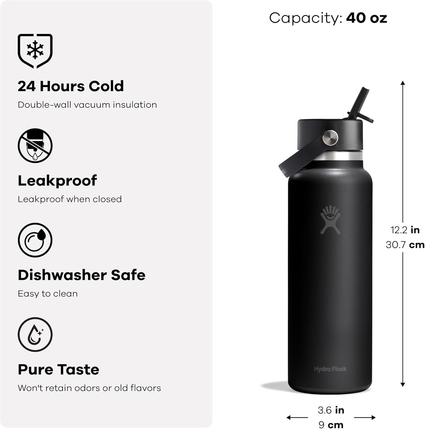 Hydro Flask Water Bottle - Insulated Stainless Steel - Wide Straw Lid, Non Spill, Leakproof in 40 Oz Shale Gray